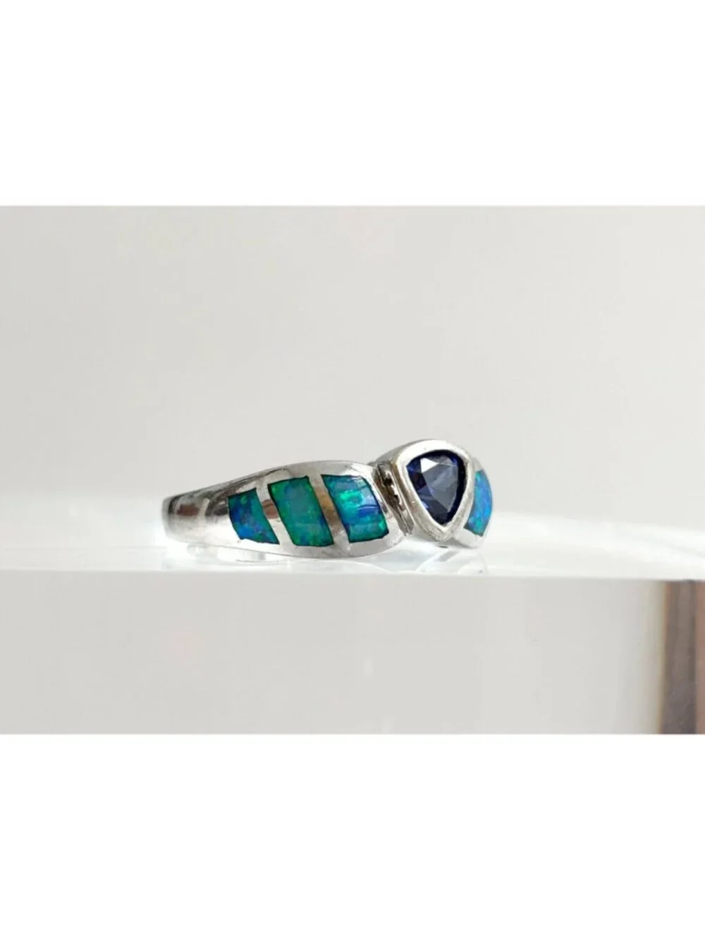 Tanzanite & Opal Framed Gemstone Sterling Silver 925 Vintage Ring - sz 7.25